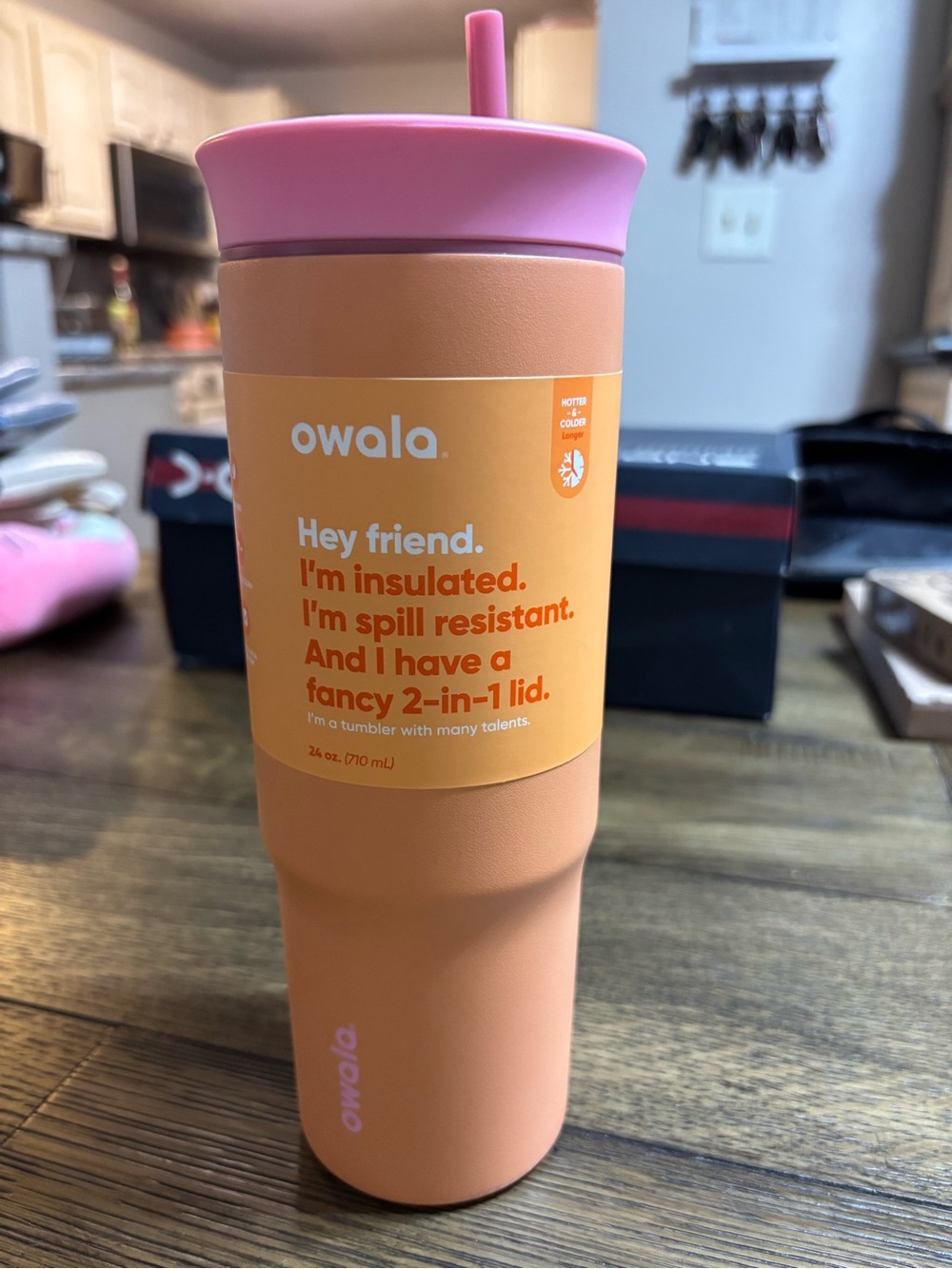 Owala Insulated Tumbler in Peach with Pink Lid